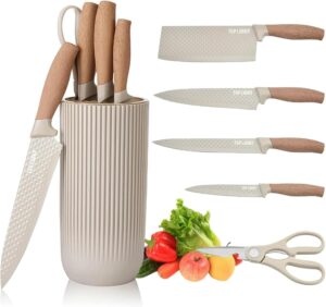 Knife Set for Kitchen with Stand,6 Pcs Kitchen Knives Set,4 Knives, 1 Scissor, 1 Stand, High Carbon Stainless Steel (Khaki)