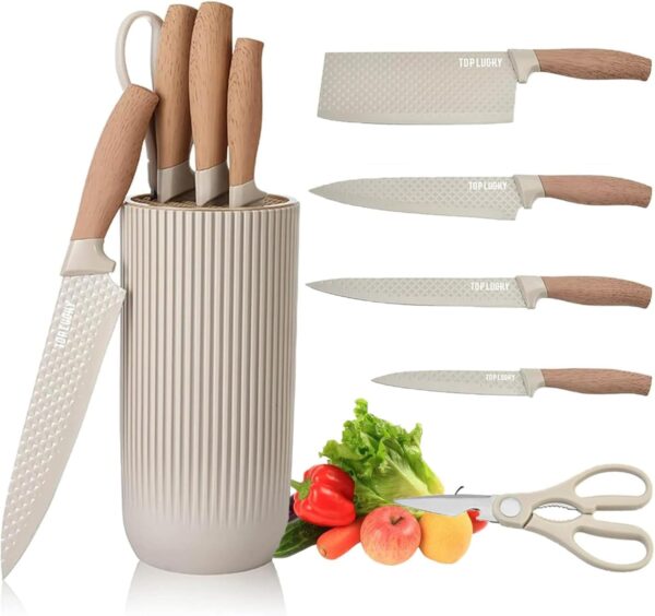 Knife Set for Kitchen with Stand,6 Pcs Kitchen Knives Set,4 Knife Set for Kitchen with Stand,6 Pcs Kitchen Knives Set,4 Knives, 1 Scissor, 1 Stand, High Carbon Stainless Steel (Khaki)