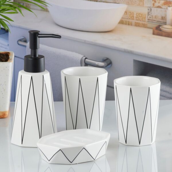 Kookee Ceramic Bathroom Accessories Set of 4, Modern Bath Set Kookee Ceramic Bathroom Accessories Set of 4, Modern Bath Set with Liquid handwash Soap Dispenser and Toothbrush Holder, Luxury Gift Accessory for Home, White/Black (10244)