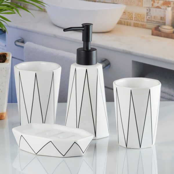 Kookee-Ceramic-Bathroom-Accessories-Set-of-4-Modern-Bath-Set-with-Liquid-handwash-Soap-Dispenser-and-Toothbrush-Holder-Luxury-Gift-Accessory-for-Home-WhiteBlack-10244.jpg Kookee Ceramic Bathroom Accessories Set of 4, Modern Bath Set with Liquid handwash Soap Dispenser and Toothbrush Holder, Luxury Gift Accessory for Home, White/Black (10244)