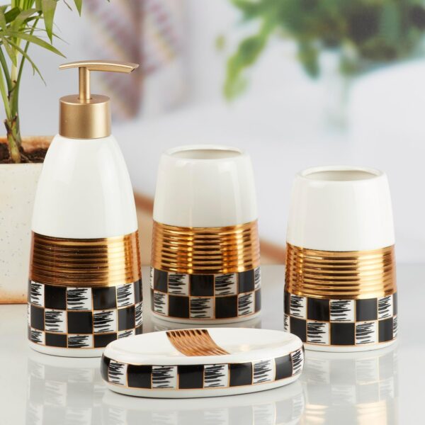 Kookee Ceramic Bathroom Set – Stylish 4 Piece Bath Accessories Kit with Soap Dispenser, Toothbrush Holder, Tumbler & Soap Dish – Modern & Designer Decor, White/Gold/Black (10081)