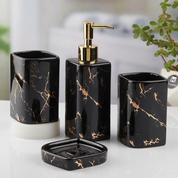 Kookee Ceramic Bathroom Set – Stylish 4 Piece Bath Accessories Kit with Soap Dispenser, Toothbrush Holder, Tumbler & Soap Dish – Modern & Designer Decor for Home & Guest Bathrooms, Black (10399)