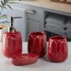 Kookee Ceramic Bathroom Set – Stylish 4 Piece Bath Accessories Kit with Soap Dispenser, Toothbrush Holder, Tumbler & Soap Dish – Modern & Designer Decor for Home & Guest Bathrooms, Red (9886)