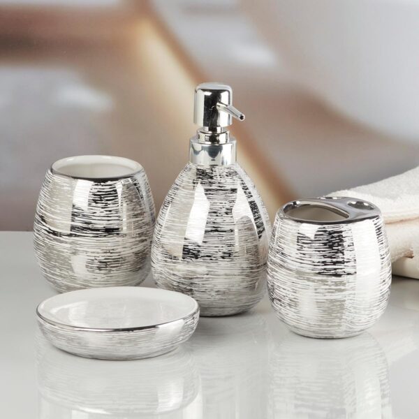 Kookee Ceramic Bathroom Set – Stylish 4 Piece Bath Accessories Kit with Soap Dispenser, Toothbrush Holder, Tumbler & Soap Dish – Modern & Designer Decor for Home & Guest Bathrooms, Silver (9751)