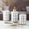 Kookee Ceramic Bathroom Set – Stylish 4 Piece Bath Accessories Kit with Soap Dispenser, Toothbrush Holder, Tumbler & Soap Dish – Modern & Designer Decor for Home & Guest Bathrooms, White/Black (5750)