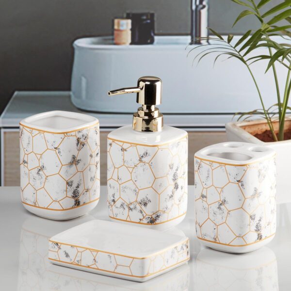 Kookee-Ceramic-Bathroom-Set-–-Stylish-4-Piece-Bath-Accessories-Kit-with-Soap-Dispenser-Toothbrush-Holder-Tumbler-Soap-Dish-–-Modern-Designer-Decor-for-Home-Guest-Bathrooms-WhiteGold-9898.jpg Kookee Ceramic Bathroom Set – Stylish 4 Piece Bath Accessories Kit with Soap Dispenser, Toothbrush Holder, Tumbler & Soap Dish – Modern & Designer Decor for Home & Guest Bathrooms, White/Gold (9898)