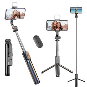 Kratos Upgraded 2026 Selfie Stick Tripod,100CM Length with Light, 3 in 1 Multifunctional Design,Rechargable LED Light with Two Brighness Levels for Make up,Selfie & Photo Shoot with Bluetooth Remote
