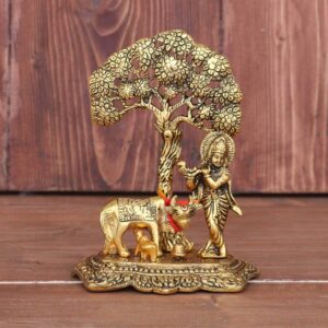 KridayKraft Prince Home Decor & Gifts Metal Krishna With Cow Standing Under Tree Plying Flute (Gold, 12.5X8X16Cm), 1 Piece, figures;Religious