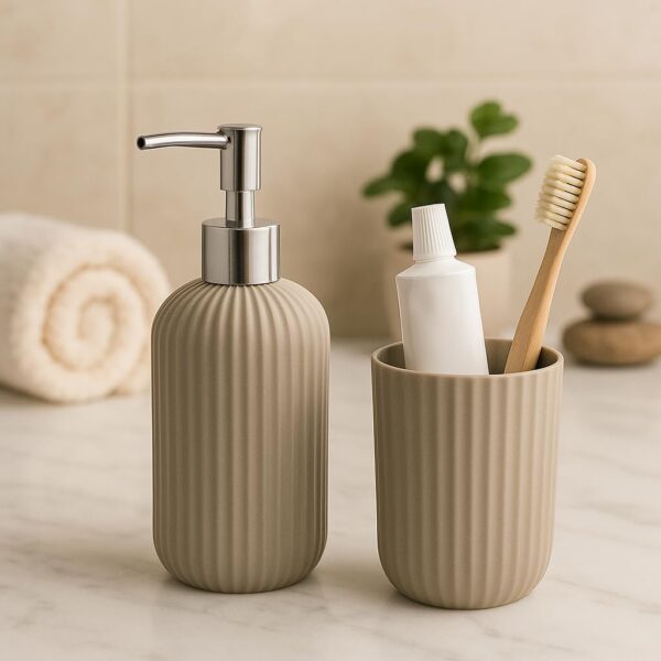 LAGET® Bathroom Accessories Set for Utility and Toothbrush Holder Bathroom Decor | Handwash Liquid Soap Dispenser Pump for Bathroom, Kitchen, Wash Basin, Sink Ribbed Design (Grey)