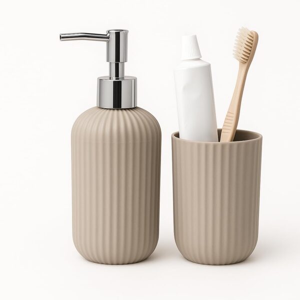 LAGET® Bathroom Accessories Set for Utility and Toothbrush Holder Bathroom Decor | Handwash Liquid Soap Dispenser Pump for Bathroom, Kitchen, Wash Basin, Sink Ribbed Design (Grey)
