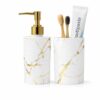LAGET® Soap Dispenser with Toothbrush Holder Set – Marble Finish Plastic Bathroom Accessories | Liquid Soap Pump with Tumbler Cup | Gold Pump Countertop Organizer (2 Pieces) (White)