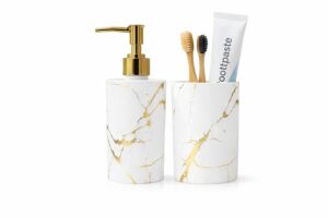 LAGET® Soap Dispenser with Toothbrush Holder Set – Marble Finish Plastic Bathroom Accessories | Liquid Soap Pump with Tumbler Cup | Gold Pump Countertop Organizer (2 Pieces) (White)