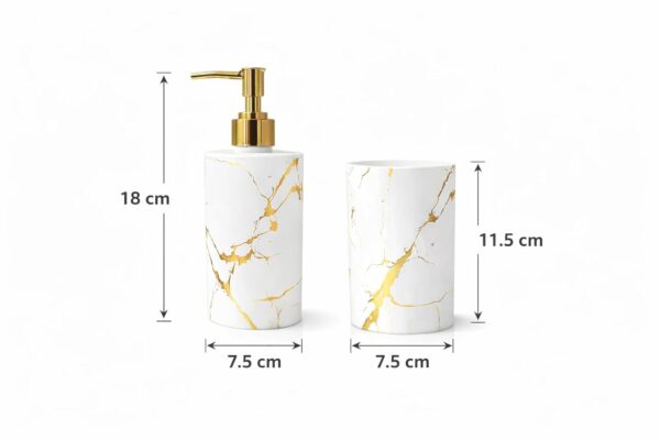 LAGET® Soap Dispenser with Toothbrush Holder Set – Marble Finish Plastic Bathroom Accessories | Liquid Soap Pump with Tumbler Cup | Gold Pump Countertop Organizer (2 Pieces) (White)