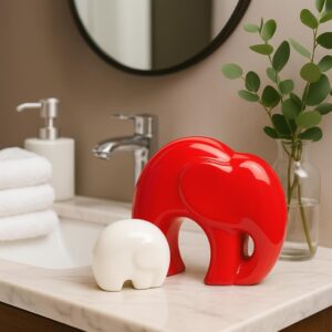 LIFEHAXTORE® Home Décor Lucky Charm Elephant Mother and Kid Set | Piano Finish Ceramic Figures - (Set of 2 Piece, Red White)