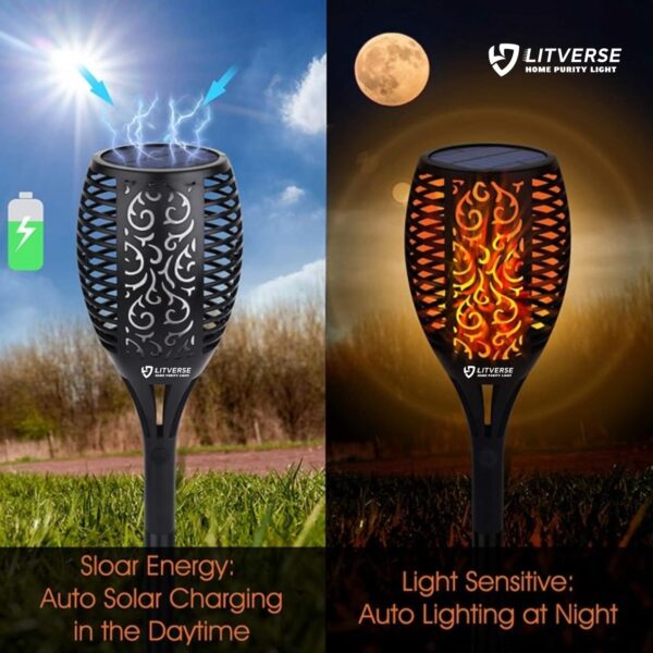 LITVERSE Solar Torch Lights | 96 LED Flickering Flame |2200 mAh | 3 Modes | Auto On/Off | Waterproof Outdoor Landscape & Wall Lighting for Garden, Patio, Yard, Balcony, Restaurant, Diwali | Pack of 2