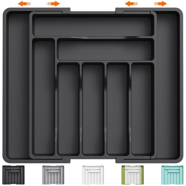 Lifewit Utensil Organizer for Kitchen Drawer, Expandable Cooking Silverware Tray, Adjustable Cutlery Flatware Holder, Plastic Spatula Tools Storage Divider, 13-22.4 x 15", Black