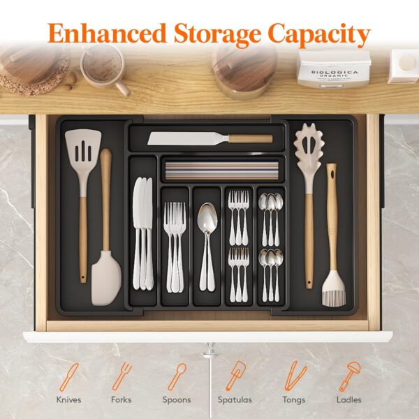 Lifewit Utensil Organizer for Kitchen Drawer, Expandable Cooking Silverware Tray, Adjustable Cutlery Flatware Holder, Plastic Spatula Tools Storage Divider, 13-22.4 x 15", Black