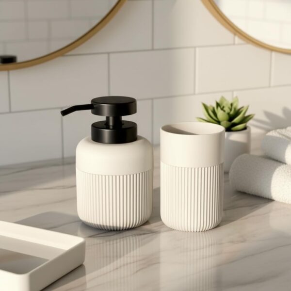 MASON HOME Chaton Bathroom Set - Beige (Set of 3) | Accessories Set - 1 Tray, 1 Tumbler & 1 Liquid Soap Dispenser | Toothbrush & Tooth Paste Stand - Handwash - Washroom Décor | Hotel - Home - Office