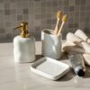 MASON HOME Lucent Bathroom Set - White (Set of 3) | Accessories Set - 1 Tray, 1 Tumbler & 1 Liquid Soap Dispenser | Toothbrush & Tooth Paste Stand - Handwash - Washroom Décor | Hotel - Home - Office
