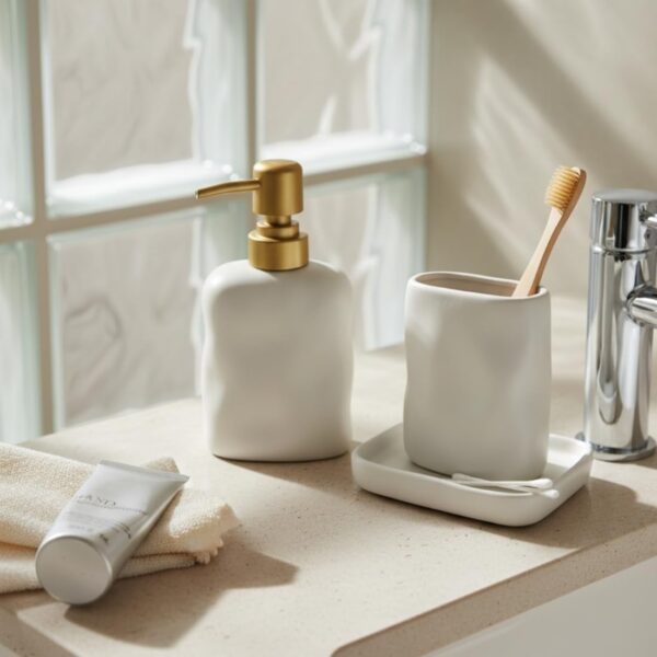 MASON HOME Lucent Bathroom Set - White (Set of 3) | Accessories Set - 1 Tray, 1 Tumbler & 1 Liquid Soap Dispenser | Toothbrush & Tooth Paste Stand - Handwash - Washroom Décor | Hotel - Home - Office