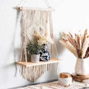 Macrame Indoor Wall Hanging Floating Shelves for Wall Decor With Real Pine Wood Dowel Hand Woven Bohemian Decor for Apartment Dorm Bedroom Living Room Nursery Beige 60 x 30cm (Victorian)