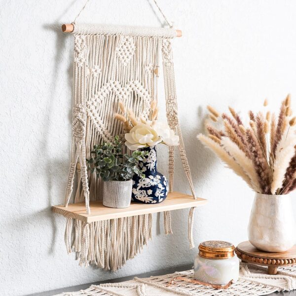 Macrame Indoor Wall Hanging Floating Shelves for Wall Decor With Real Pine Wood Dowel Hand Woven Bohemian Decor for Apartment Dorm Bedroom Living Room Nursery Beige 60 x 30cm (Victorian)