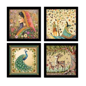 Madhubani Art Framed Painting For Home, Living Room, Hall | Madhubani Art Framed Painting For Home, Living Room, Hall | Traditional Rajasthani Pichwai Art Paitnings With Frame For Home Decor (Set Of 4)