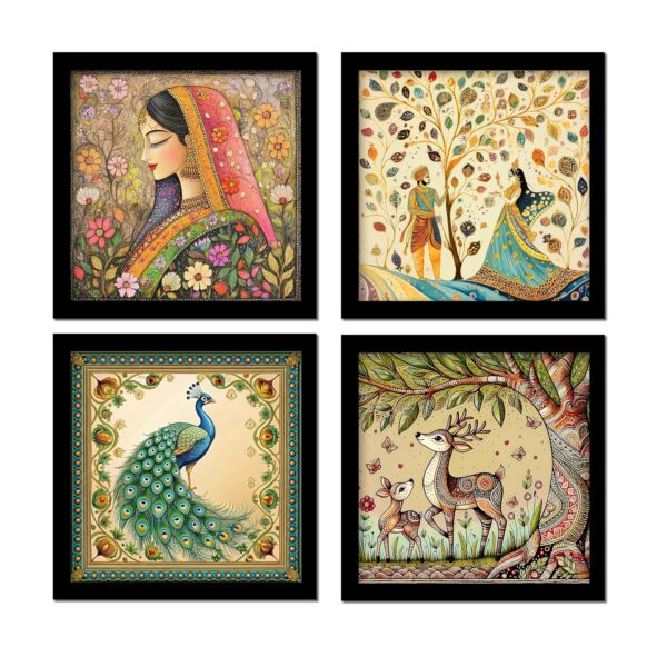 Madhubani Art Framed Painting For Home, Living Room, Hall | Traditional Rajasthani Pichwai Art Paitnings With Frame For Home Decor (Set Of 4)