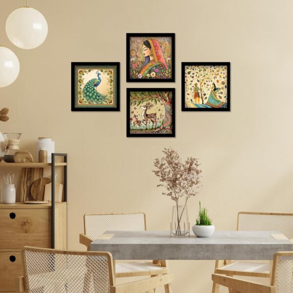 Madhubani Art Framed Painting For Home, Living Room, Hall | Traditional Rajasthani Pichwai Art Paitnings With Frame For Home Decor (Set Of 4)