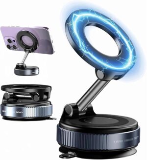 Magnetic Phone Holder with Vacuum Suction Cup | Strong Locking Suction, 360° Adjustable Swivel Mount | Hands-Free Mobile Stand for Car Dashboard, Mirror, Kitchen, Gym & Smooth Surfaces