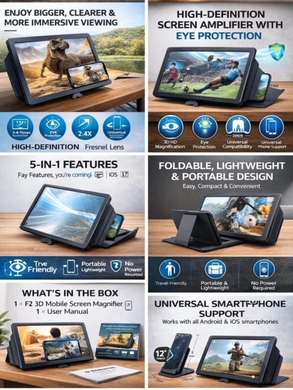 Mavo Enterprise Mobile Phone Screen Magnifier 3D HD | Foldable Mavo Enterprise Mobile Phone Screen Magnifier 3D HD | Foldable Smartphone Screen Enlarger with Stand | Anti-Glare Magnifying Glass | Universal for Android & iPhone | Video, Movie & Gaming Viewer