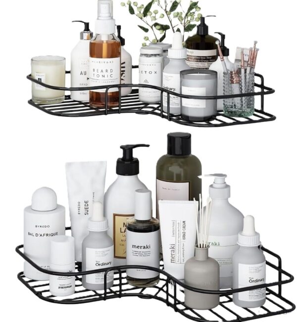 Metal Self-Adhesive Corner Shelf – Pack of 2 Bathroom & Kitchen Storage Organizer | Wall Mounted Rack Shelf for Bathroom Accessories | No Drilling Adhesive Installation