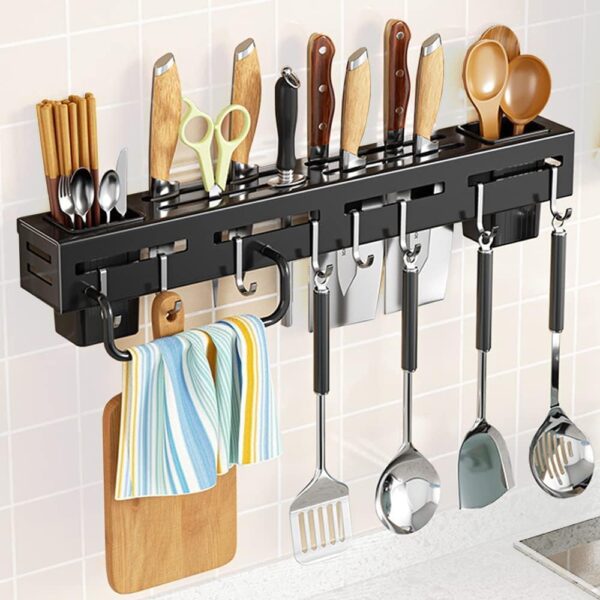 Metal Spoon Holder Organiser For Kitchen Shelf Wall Mount Knife Metal Spoon Holder Organiser For Kitchen Shelf Wall Mount Knife Holder With Towel Hanger Spatulas Hanging Hooks Multi-Purpose Cutlery Holder Storage Rack