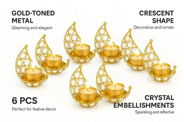 Moon Tea Light Holder, Candle Holder, Crystal Candle Holder, Metal Lanterns, Table Decoration for Wedding Party, Ramadan, Diwali Decoration (Gold, Gold (Pack of 6))