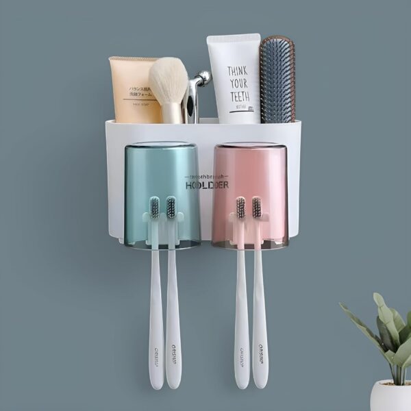 MosQuick®Bathroom Organiser Without Drill Tooth Brush Holder Bathroom with 2 MosQuick®Bathroom Organiser Without Drill Tooth Brush Holder Bathroom with 2 Inverted Cups Brush Holder for Bathroom Bathroom Accessories Set Toothbrush Holders for Bathroom wall Toothbrush Holder