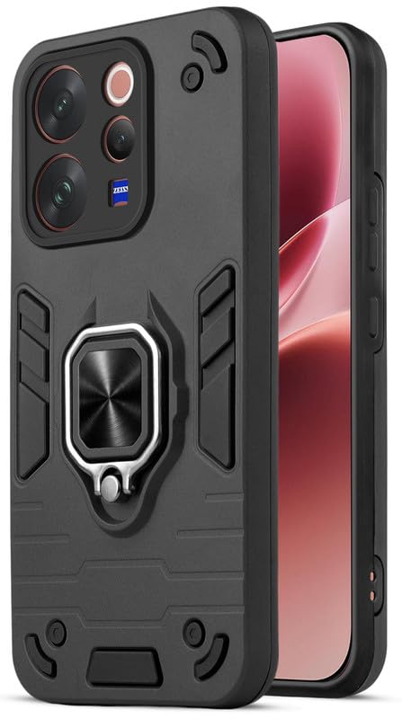 Mr. Case Back Cover for Vivo V70 Elite 5G with Mr. Case Back Cover for Vivo V70 Elite 5G with 360° Rotating Ring Stand | Dual Layer Shockproof Protection | Tough Frame | Raised Camera Protection Case - Black