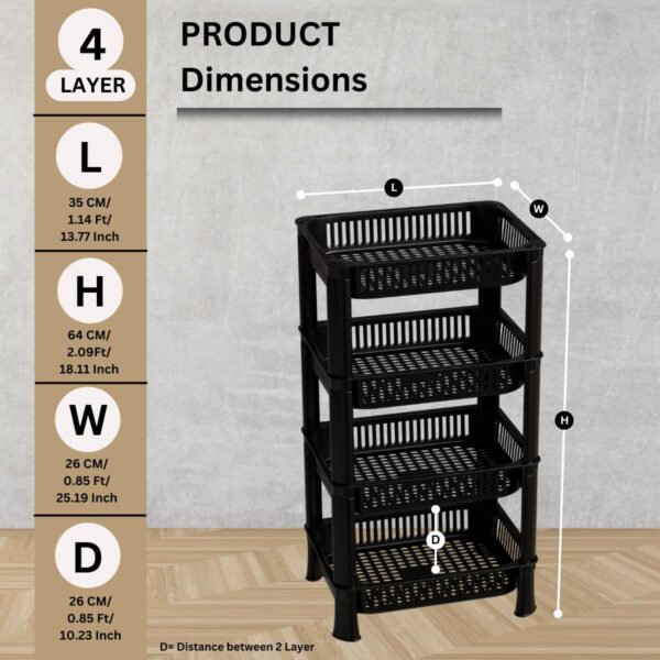 Multipurpose Plastic Kitchen Rack with Baskets | Vegetable & Fruit Storage Stand | Strong & Durable Organizer for Kitchen, Bathroom & Utility (4 Layer, Black)