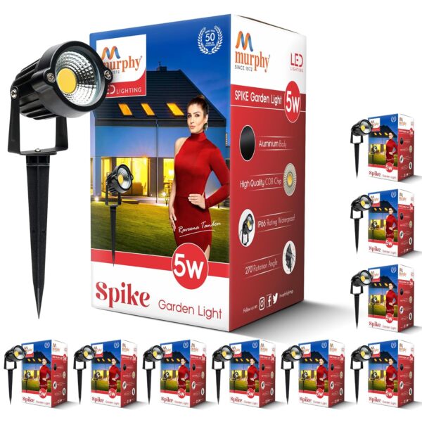 Murphy 5W Heavy-Duty LED Spike Focus Light - IP65 Water Resistant, Adjustable 180°, Aluminium Material, Outdoor Garden Lights (Warm White), Pack of 10