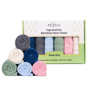 Mush 100% Bamboo Tap & Dry Face Towel | Ultra Soft, Absorbent, Quick Dry Towels for Facewash, Sports, Travel | Suitable for Sensitive & Acne Prone Skin | 13x13 in | Gift Friendly Packaging | Set of 6