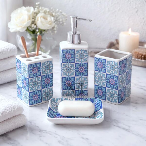 NFI essentials Ceramic 4 Piece Bathroom Accessories Set, Soap Dispenser, Toothbrush Holder, Tumbler & Soap Dish for Washroom Decor and House Warming Gift
