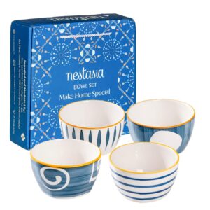 Nestasia 350ml Ceramic Bowl Set of 4 – Microwave & Nestasia 350ml Ceramic Bowl Set of 4 – Microwave & Dishwasher Safe, BPA & Lead-Free Dinner Bowls for Snacks, Rice, Dal, Fruits, Salad | Elegant White & Blue Serving Bowls, Gift-Pack Ideal for Gifting