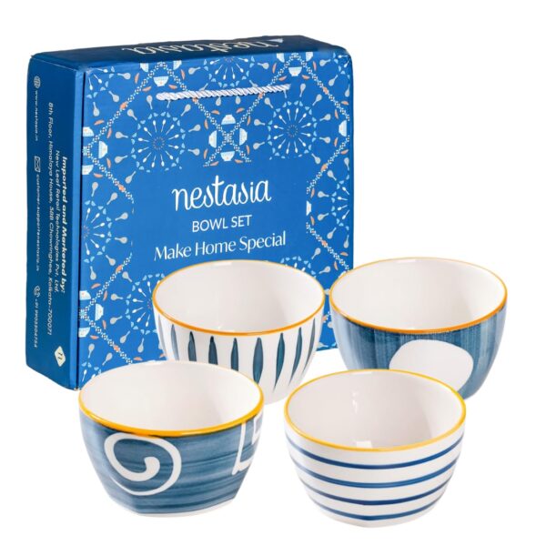 Nestasia 350ml Ceramic Bowl Set of 4 – Microwave & Dishwasher Safe, BPA & Lead-Free Dinner Bowls for Snacks, Rice, Dal, Fruits, Salad | Elegant White & Blue Serving Bowls, Gift-Pack Ideal for Gifting