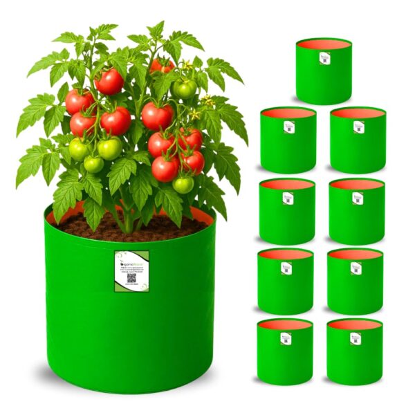 ORGANIC BAZAR 12x12 Grow Bags for Terrace Garden, Premium HDPE Green-Orange Planters for Vegetable Plants for Indoor-Outdoor Garden (Pack of 10)