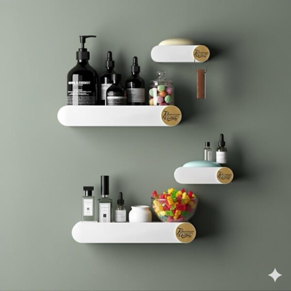 OSLEN Pack of 4 Bathroom Shelf for Wall, Self-Adhesive Bathroom Organiser Wall Mounted Shelf Storage Racks Bathroom Ideal Bathroom Accessories (2 Bathroom Shelves+ 2 Shop Dish White)