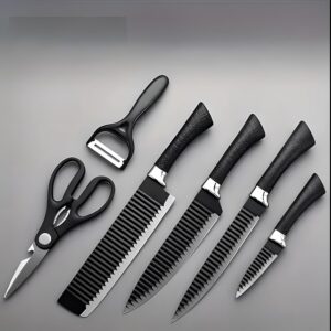 Oblivion Kitchen Knife Set of 6 | Stainless Steel Meat Knife, Chef's Knife with Non-Slip Handle for Home, Kitchen and Restaurant with Chef Peeler and Scissor (Black)