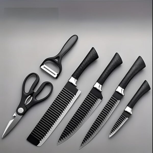Oblivion Kitchen Knife Set of 6 | Stainless Steel Meat Oblivion Kitchen Knife Set of 6 | Stainless Steel Meat Knife, Chef's Knife with Non-Slip Handle for Home, Kitchen and Restaurant with Chef Peeler and Scissor (Black)