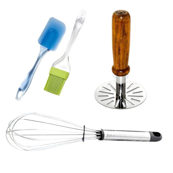 Oblivion Kitchen Tool Combo 4 Pcs – Potato Masher, Hand Oblivion Kitchen Tool Combo 4 Pcs – Potato Masher, Hand Whisk Mixer, Spatula & Pastry Brush, Durable Multi-Function Utensils for Mashing, Whisking & Baking, Easy-to-Use Cooking Essential
