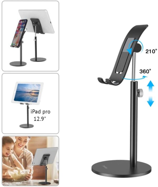 Odilia Tabletop Mobile Stand Holder for Table Portable Tablet Stand with Adjustable Height Cellphone Holder for All Smartphones, iPad, Tablets (Black)