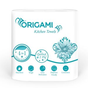 Origami 2 Ply 4 in 1 Kitchen Tissue Paper Roll | Tough, Super Absorbent & Food Safe Tissues for Spotless Cleaning | Ideal for Multi Purpose Use (60 Pulls Per Roll, 240 Sheets)
