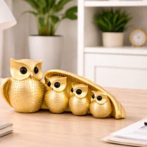 PACKNBUY Owl Family Showpiece Resin Figurine Home Decor for Living Room Table Decor Office Desk Gift Housewarming Vastu Feng Shui Mother Child Set (Owl Family Golden Color)